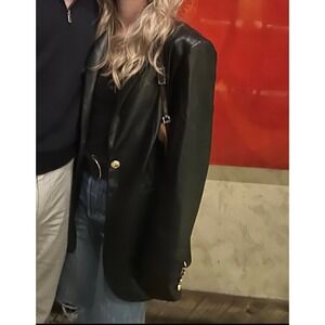 Zara Black Faux Leather Blazer Gold Crest Button Single Breasted Jacket Womens M